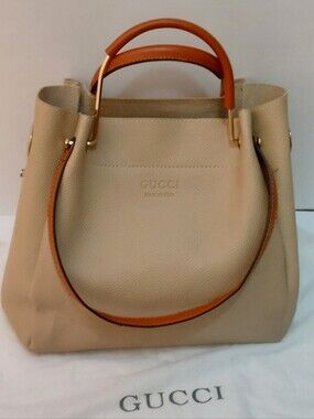 NEW Beige Leather Bag With 2 Sets Of Top Handles Brown/ Gold & Brown Leather